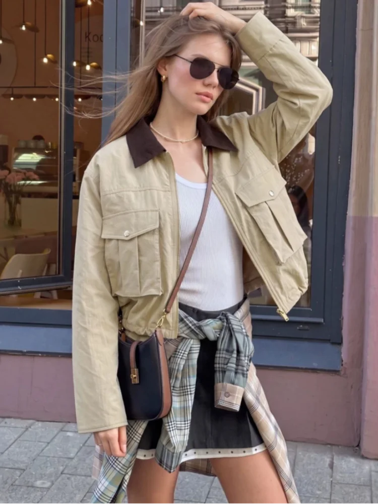 Women Brown Khaki Pockets Short Coat Casual Fashion Lapel Long Sleeve Loose Zip Jacket Autumn Winter Chic Cropped Outerwear 2026