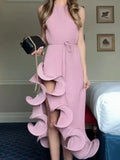 Sexy Spliced Ruffled Hem Midi Dress for Women Halter Sleeveless High Waist Patchwork Lace Up Slim Dresses Female