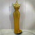 Sexy Strapless Mesh See Through Long Dress Luxury Sparkly Golden Diamonds Evening Party Birthday Nightclub PhotoShoot Stage Wear