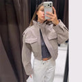 Vintage Waist Cinched Women's Suede Jacket Stand Collar Long Sleeve Single Breasted MilitaryJackets 2026 Autumn Lady Chic Coats