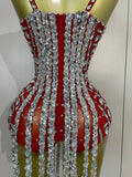 Sexy Sparkly Rhinestones Long Tassels Red Mesh Stretch Bodysuits Women Eveing Party Birthday Nightclub Performance Stage Costume