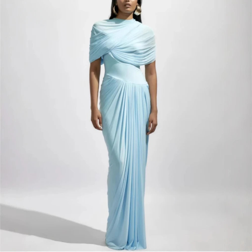 Patchwork Shawl Bodycon Party Maxi Dresses for Women O Neck Short Sleeve High Waist Evening Temperament Folds Dress Female