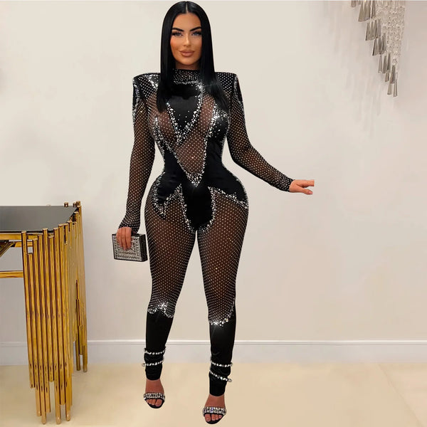 Sparkly Rhinestone Perform Costume Long Sleeve Sheer Mesh Jumpsuit Singer Party Show Outfit Club Patchwork Skinny Jumpsuits