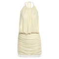 Mesh Mini Dress Women Lace-Up Halter Sexy Backless Pearl Tassel Club Party Ruched Elegant Outfits