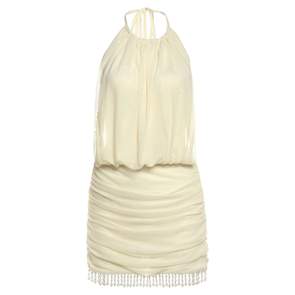 Mesh Mini Dress Women Lace-Up Halter Sexy Backless Pearl Tassel Club Party Ruched Elegant Outfits