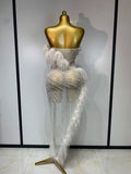 Women Sparkly Rhinestone Tassel Off The Shoulder Mesh See Through Long Dress Sexy Eveing Party Birthday Nightclub Stage Costume