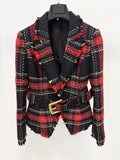 Femininos Elegantes Lapel Plaid Printed Autumn Winter Belt Slim Suit Jackets Female Office Blazer Coats Girls Chic Outfit