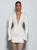 Elegant Office Dress Women Sexy Single-Breasted Hidden Buttons V-Neck Full Sleeve Folds Fashion Commute Bodycon