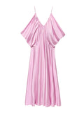 Elegant Backless Evening Dress for Women V Neck Sleeveless High Waist Patchwork Folds Loose Maxi Dresses Female New