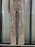 Sparkly Rhinestones Mirrors Women Long Sleeve High Stretch Bodycon Long Jumpsuit Bar Singer Performance Cotumes Stage Wear