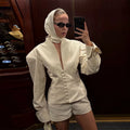 Fashion Wide Shouldered Jacket Shorts Sets Women V-neck Puffy Sleeve Single Breasted Tops Short Pants Summer Lady Outfits