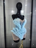 Skyblue Women Sexy Strapless Mesh Ruffle Shining Crystal Bodycon Mini Dress Celebrate Nightclub Party Bar Singer Show Stage Wea