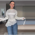 Women Lace Patchwork Satin Top Solid O-neck Back Lace Up Slim Irregular T-shirts Pullover Female Spring Daily Casual Outwear