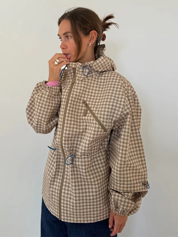 Drawstring Waist Plaid Zipper Jacket Women Hooded Casual Long Sleeve Loose Coat 2026 Spring Female Coat Commute Street Jackets