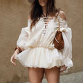 Solid Spliced Lace Up Mini Dresses for Women Slash Neck Long Sleeve High Waist Temperament Dress Female