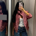 Vintage Waist Cinched Women's Suede Jacket Stand Collar Long Sleeve Single Breasted MilitaryJackets 2026 Autumn Lady Chic Coats
