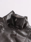 French Retro Pu Leather Jacket for Women Stand Collar Long Sleeve Patchwork Button Temperament Loose Coat Female