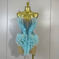 Shiny Rhinestone Birthday Bar Nightclub Stage Costume Sexy Strapless Sky Blue Mesh Ruffled See Through Evening Party Mini Dress