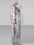 Bohemian Printed Asymmetrical Dress for Women Diagonal Collar Sleeveless High Waist Spliced Tassel Dresses Female