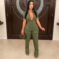 Sexy Deep V-neck Party Woman Jumpsuits Zipper Pocket Turn Down Collar Skinny Night Club Outfits One Piece Jumpsuit