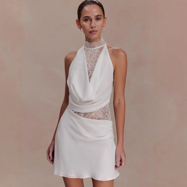 Elegant White Lace Patchwork Mini Dress Women's Turtleneck Draped Collar Short Dresses Evening Party Wedding Guest Summer Beach