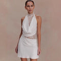 Elegant Red Brown Lace Patchwork Long Dress Women's Turtleneck Draped Collar Dresses Evening Party Wedding Guest Summer White