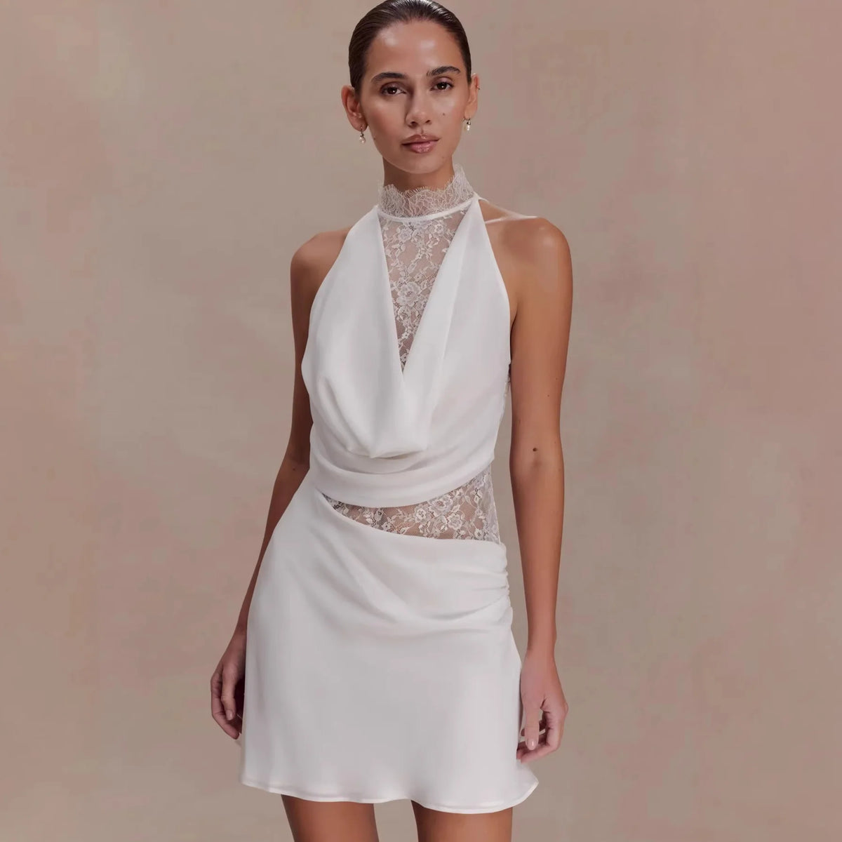 Elegant Red Brown Lace Patchwork Long Dress Women's Turtleneck Draped Collar Dresses Evening Party Wedding Guest Summer White