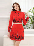 Two Piece Sets for Women Stand Collar Long Sleeve Spliced Diamonds Top High Wiast Mini Skirt Elegant Outfit Female