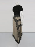 Hit Color Irregular Lace Midi Dress for Women O Neck Short Sleeves Cut Out Waist Lace Trim Skirt for Stylish Party