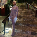 Sparkly Silver Big Rhinestone Transparent Long Dress Evening Birthday Celebrate Luxurious Costume Dancer Flashing Dress