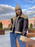 Women Faux Fur Leather Jacket Casual Lady Lapel Zipper Short Coat High Street Motorcycle Outwear