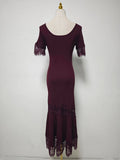 Romantic Dates Brown Ribbed Knit Mermaid Dresses for Women U Neck Short Sleeve Lace Trimmed Midi Skirt for Office Commute