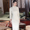White Embroidery Thickened Chinese Style Long Sleeved Cheongsam Women's Retro Slim Fit Autumn and Winter Qipao Dress