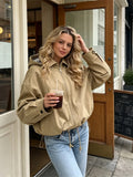 Khaki Hooded Cropped Jacket Faux Two‑inner Zip‑up Plaid Fabric Drawstring Bottom Women Coats Spring Autumn Casual Daily Outfits