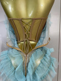 Shiny Rhinestone Birthday Bar Nightclub Stage Costume Sexy Strapless Sky Blue Mesh Ruffled See Through Evening Party Mini Dress
