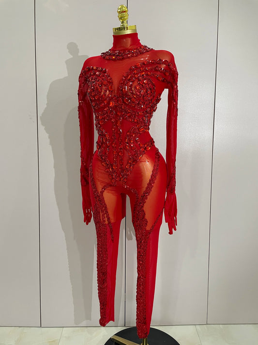 Luxury Sparkle Diamonds Sequins Mesh See-Through Jumpsuit Women Eveing Birthday Party NightClub Stage Costume Festivals Outfit