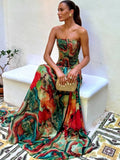 Lady Printed Strapless Dress Elegant Fashionable Colorful Waist Pleated Long Gowns Women Summer New Vacation Party Robes 2025