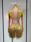 Women Long Sleeve Sexy Stretch Bodycon Shinning Tassels Rhinestones Bodysuit Celebrate Birthday Club Evening Party Stage Outfit