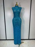Sparkly Gold Rhinestone Sleeveless Stretch Long Dress Women Sexy Mesh Celebrate Evening Prom Birthday Dress Photo Shoot Wear