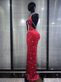 Red Black Women Sexy Halter Off the Shoulder Sparkly Crystal Velvet Bodycon Gowns Dress Celebrate Evening Party Red Carpet Wear