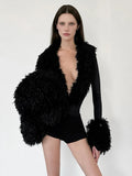 Patchwork Plush Bodysuits Women Deep V-Neck Sexy Autumn Winner Style Skinny Fashion Elasticity Midnight Streetwear