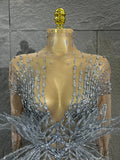 Sexy Madam Sparkling Crystal Bodysuit Long Sleeve See Through Mesh Jumpsuit Evening Party Bar Dancer Stage Wear ForFemale Singer