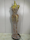 Lxury Sparkly Diamond Mesh See Through Long Dress Women Elegant Celebrate Birthday Evening Party Fancy Club Singer Stage Costume