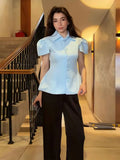 Vintage Women Satin Solid Jacket Puff Short Sleeve Single Breasted Waist Top Fashion All-match Retro 2026 Spring Summer Coat