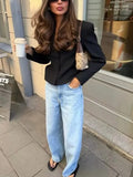 Black Loose Spliced Buttons Chic Jackets for Women Lapel Long Sleeve Commute Basics Jacket Female Summer Fashion