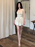 Medieval Retro Satin Mini Dress & Lace Shorts Coquette Floral Corset Camisole Rompers Date Party Summer Women Clothes