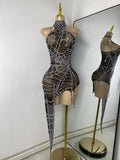 Sparkly Rhinestone Shining Women Sexy Bodycon See Through Irregular Hem Mini Dress Birthday Party Performance Costume