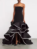 Vintage Luxurous Fishtail Dress for Women Strapless Sleeveless Spliced Irregular Ruffles Hem Sexy Chic Dresses Female Autumn