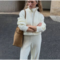 Women Solid Turtleneck Cable Knit Sweater Wide Pants 2 Piece Set Long Sleeve Half Zip Pullover 2026 Casual Loungewear Suit