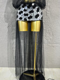Women Sheer Mesh Rhinestone Skirt Long Tulle TrainSexy Costume For Club Party Stage ShowEvening Performance Events